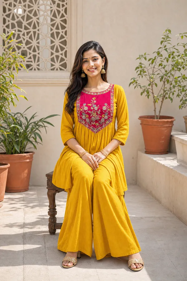 Yellow_Chinon_Straight_Kurta_Palazzo_Set_For_Women