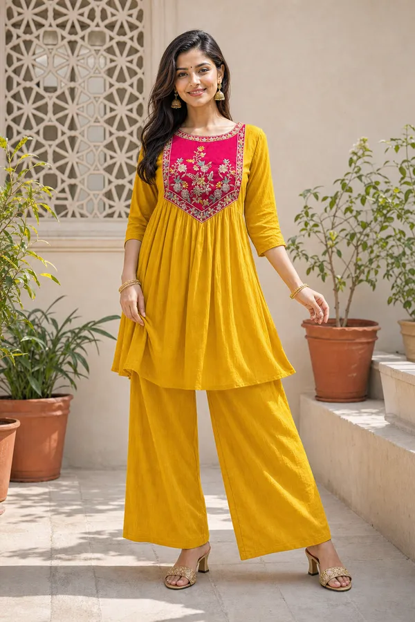 Yellow_Chinon_Straight_Kurta_Palazzo_Set_For_Women