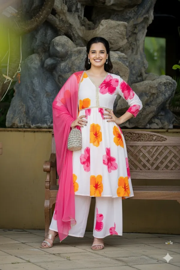 White_Georgette_Flared_Floral_Print_Kurta_Palazzo_Set_For_Women