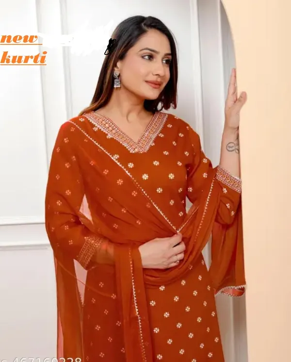 Rust_Rayon_Straight_Kurta_Set_With_Dupatta_For_Women