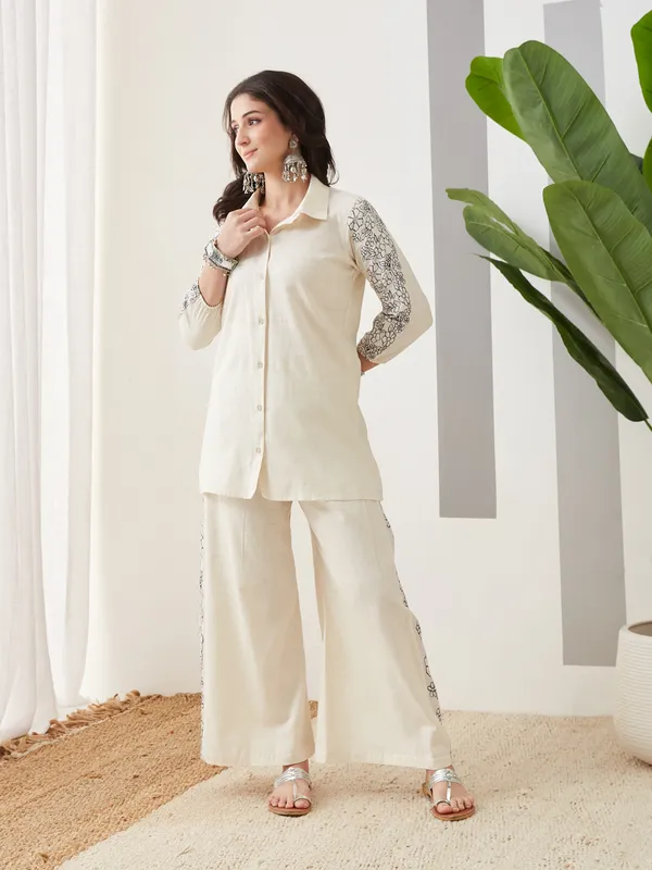 Ivory_Cotton_Shirt_Style_Co-Ord_Set_For_Women