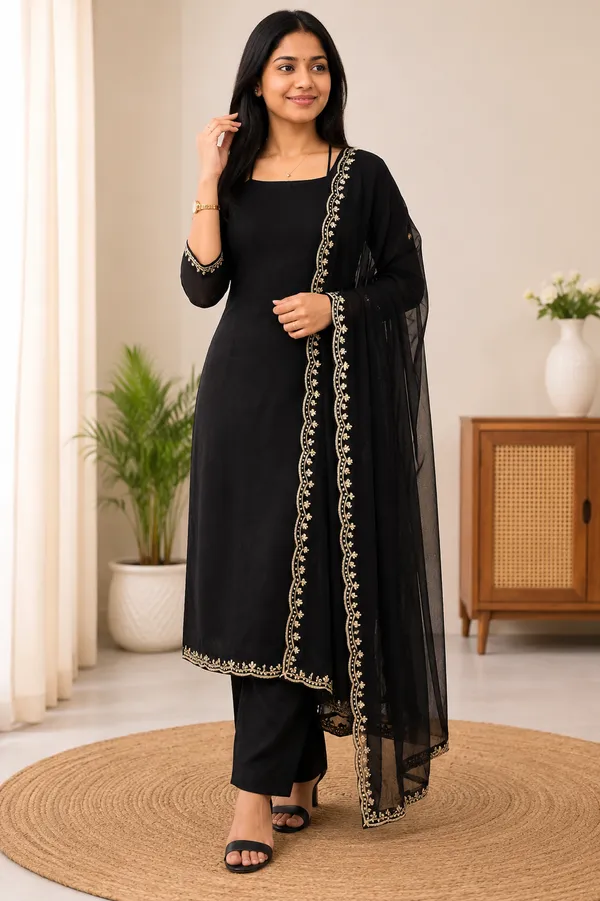 Black_Georgette_Straight_Fit_Embroidered_Kurta_Set_For_Women