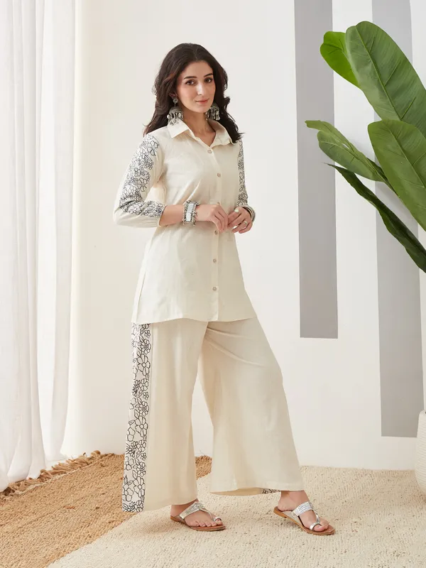 Ivory_Cotton_Shirt_Style_Co-Ord_Set_For_Women