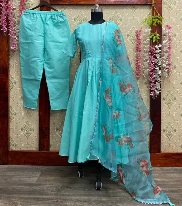Turquoise_Rayon_Flared_Anarkali_Suit_Set_For_Women