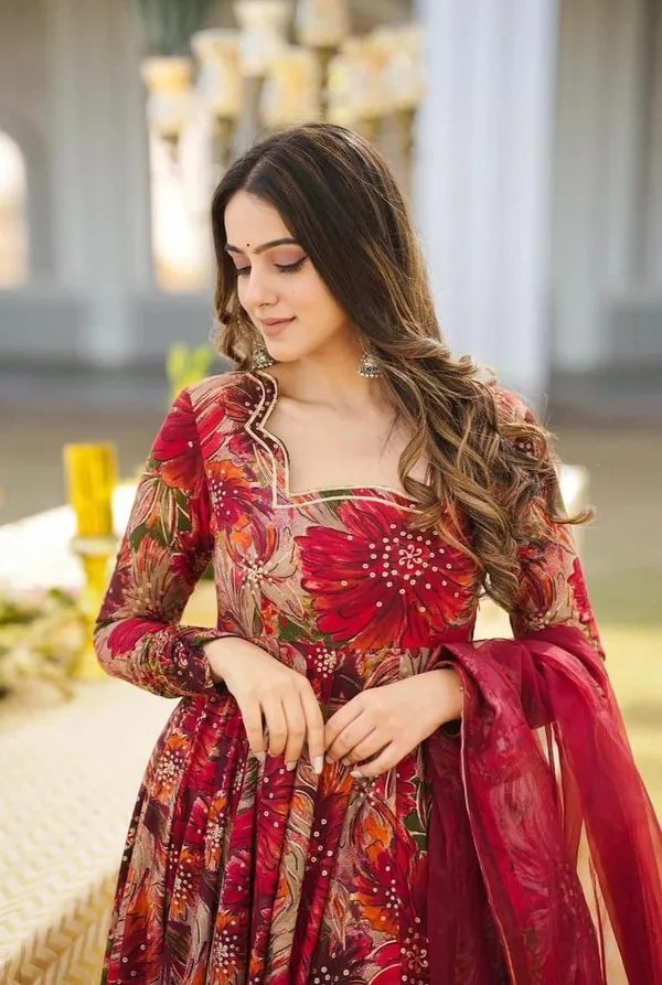 Red_Rayon_Flared_Anarkali_Suit_Set_For_Women