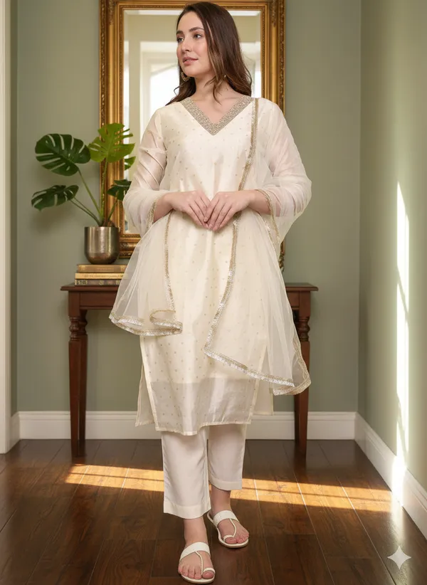 Cream_Chanderi_Silk_Straight_Kurta_Set_For_Women