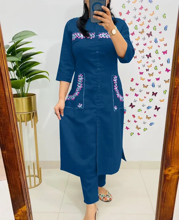 Blue_Cotton_Straight_Fit_Embroidered_Kurta_Set_For_Women