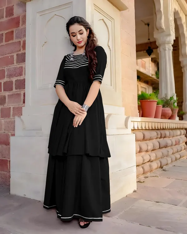 Black_Rayon_Flared_Striped_Anarkali_Kurta_Set_For_Women