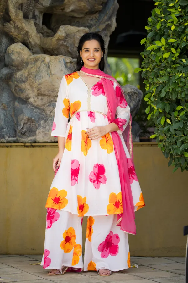 White_Georgette_Flared_Floral_Print_Kurta_Palazzo_Set_For_Women