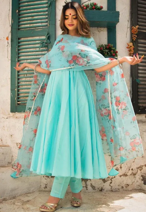 Turquoise_Rayon_Flared_Anarkali_Suit_Set_For_Women