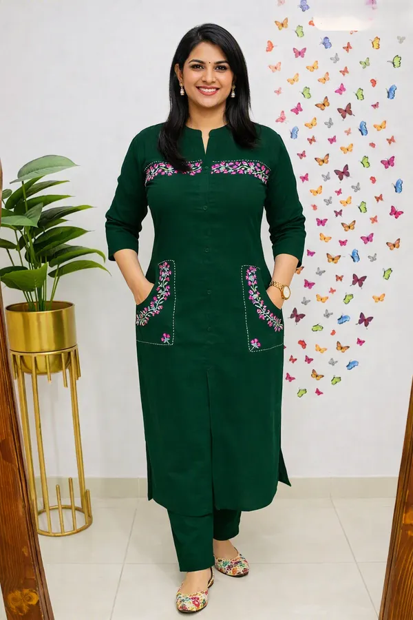 Green_Cotton_Straight_Fit_Embroidered_Kurta_Set_For_Women