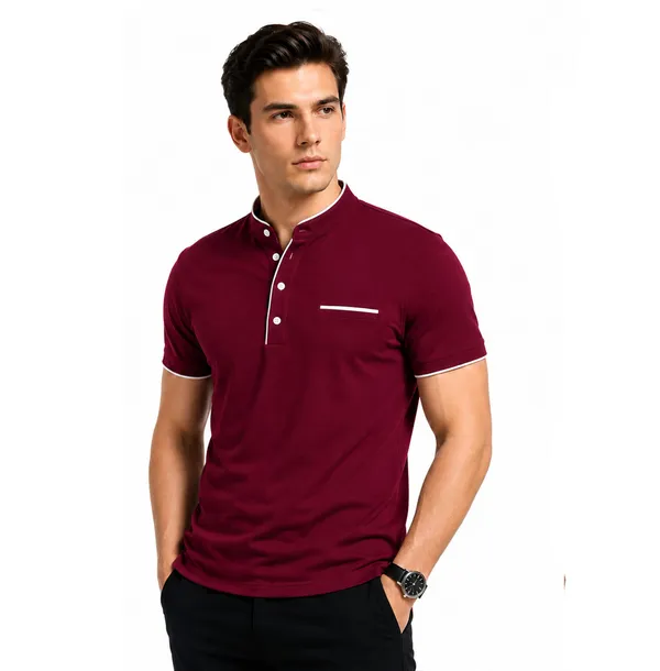 Maroon_Mandarin_Collar_Polo_T_Shirt_For_Men