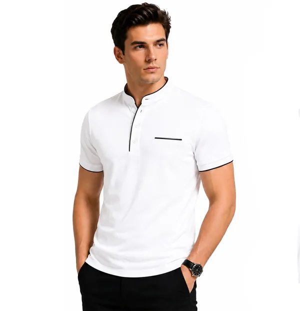 White_Mandarin_Collar_Polo_T_Shirt_For_Men