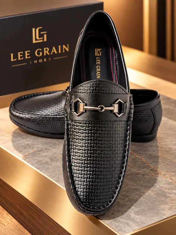 Lee_Grain_Men’s_Premium_Black_Woven-Texture_Metal-Detail_Loafers.