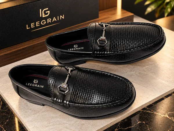 Lee_Grain_Men’s_Premium_Black_Woven-Texture_Metal-Detail_Loafers.