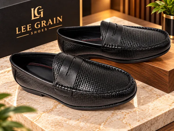 Leegrain_Men’s_Premium_Black_Woven-Texture_Penny_Loafers.