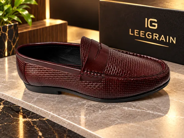 Leegrain_Men’s_Premium_Burgundy_Woven-Texture_Penny_Loafers.