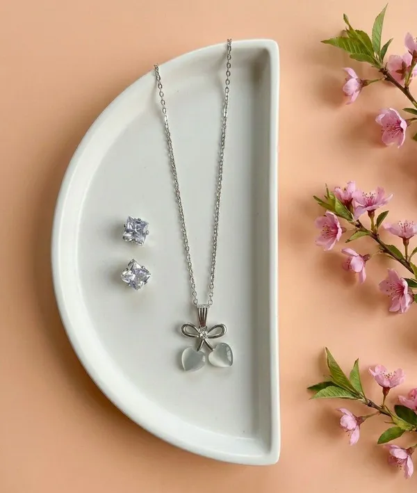 Silver_Tone_Bow_Heart_Charm_Pendant_Jewellery_Set_For_Women