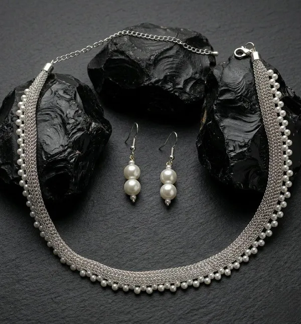 White_Pearl_Beaded_Silver_Tone_Necklace_And_Earrings_Set_For_Women