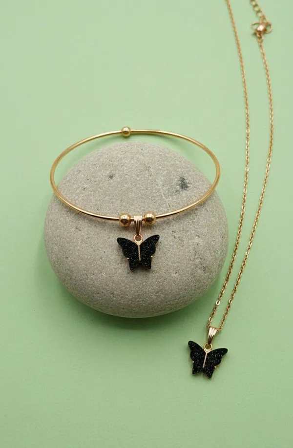 Gold_Tone_Black_Butterfly_Pendant_Necklace_And_Bracelet_Set_For_Women