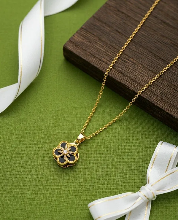 Gold_Tone_Black_Floral_Pendant_Necklace_For_Women