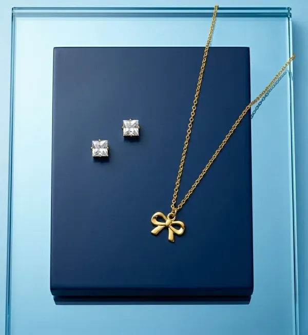 Gold_Tone_Bow_Pendant_Necklace_And_Stud_Earrings_Set_For_Women