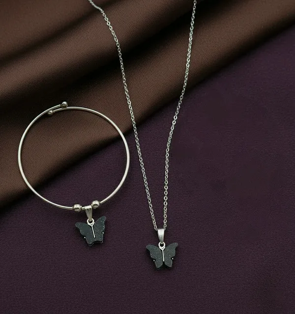 Silver_Tone_Butterfly_Charm_Necklace_And_Bracelet_Set_For_Women