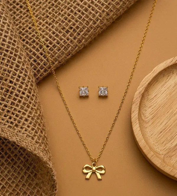 Gold_Tone_Bow_Pendant_Necklace_And_Stud_Earrings_Set_For_Women