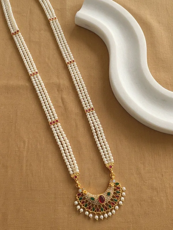 Silver_Tone_Pearl_Strand_Stone_Pendant_Necklace_For_Women
