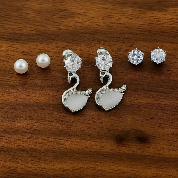 Silver_Tone_Crystal_Swan_Pearl_Drop_Earring_Set_For_Women