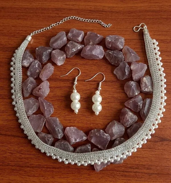 White_Pearl_Beaded_Silver_Tone_Necklace_And_Earrings_Set_For_Women