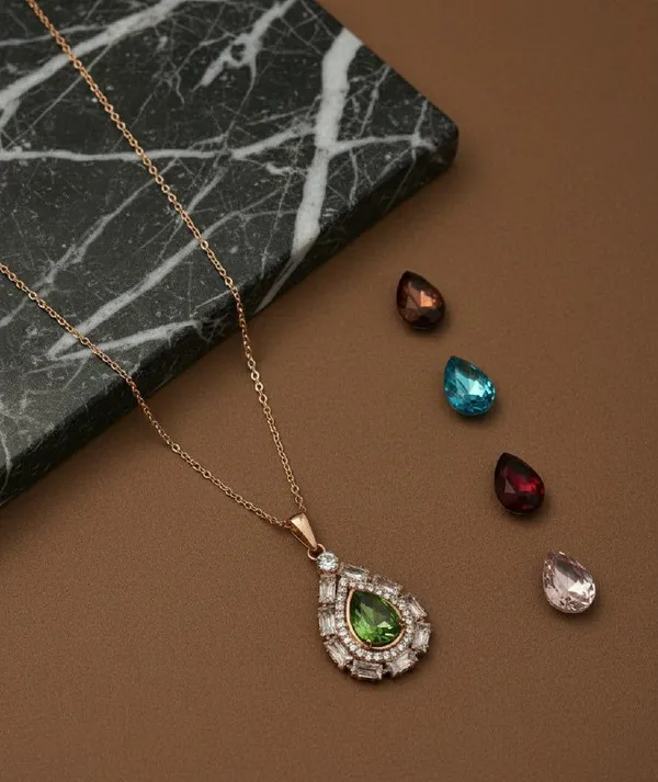 Gold_Tone_Green_Teardrop_Stone_Pendant_Necklace_Set_For_Women