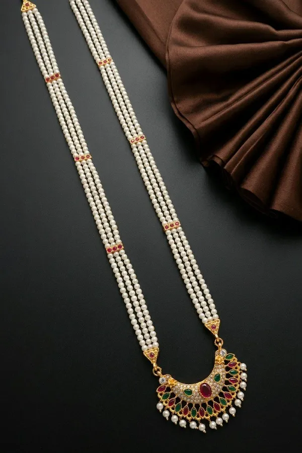Silver_Tone_Pearl_Strand_Stone_Pendant_Necklace_For_Women