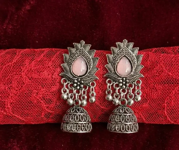 Silver_Oxidised_Pink_Stone_Sunburst_Jhumka_Earrings_For_Women