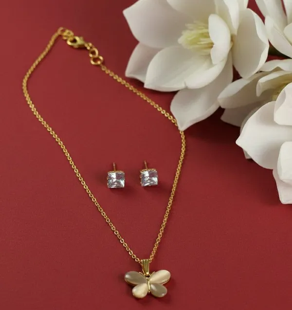 Gold_Tone_Butterfly_Pendant_Necklace_And_Earrings_Set_For_Women