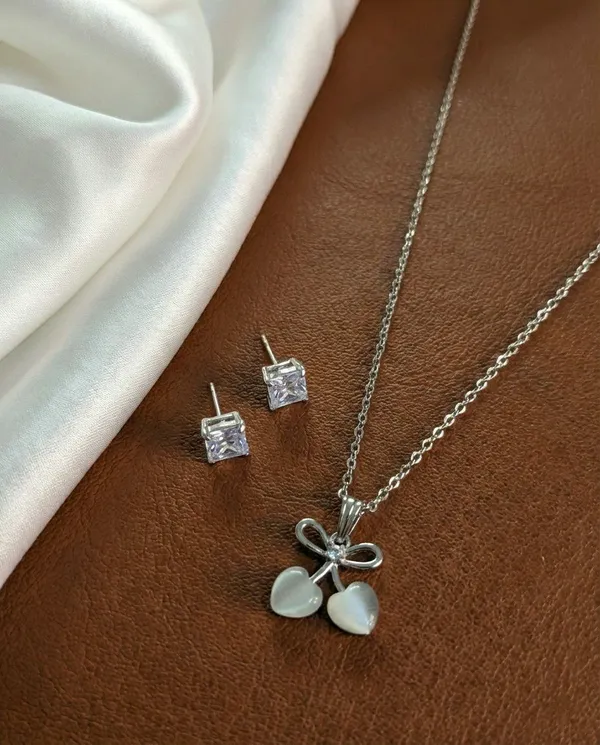 Silver_Tone_Bow_Heart_Charm_Pendant_Jewellery_Set_For_Women