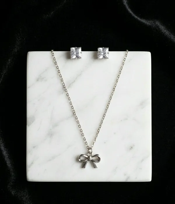 Silver_Tone_Bow_Pendant_Necklace_And_Stud_Earrings_Set_For_Women