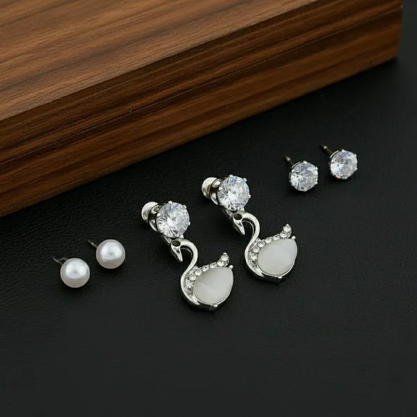 Silver_Tone_Crystal_Swan_Pearl_Drop_Earring_Set_For_Women
