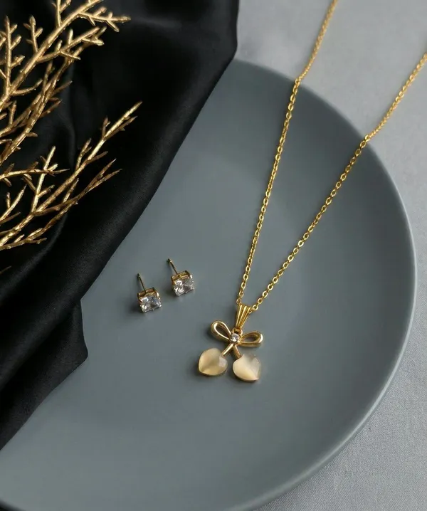 Gold_Tone_Bow_Pendant_Necklace_And_Stud_Earrings_Set_For_Women