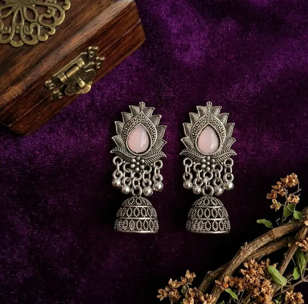 Silver_Oxidised_Pink_Stone_Sunburst_Jhumka_Earrings_For_Women