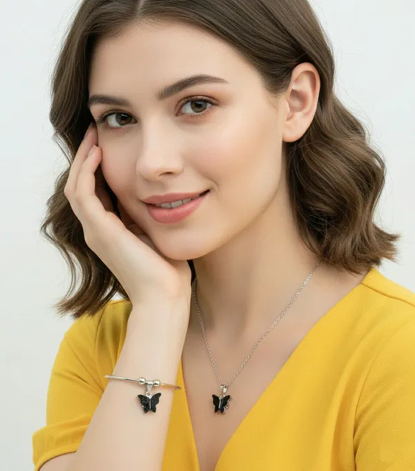 Silver_Tone_Butterfly_Charm_Necklace_And_Bracelet_Set_For_Women