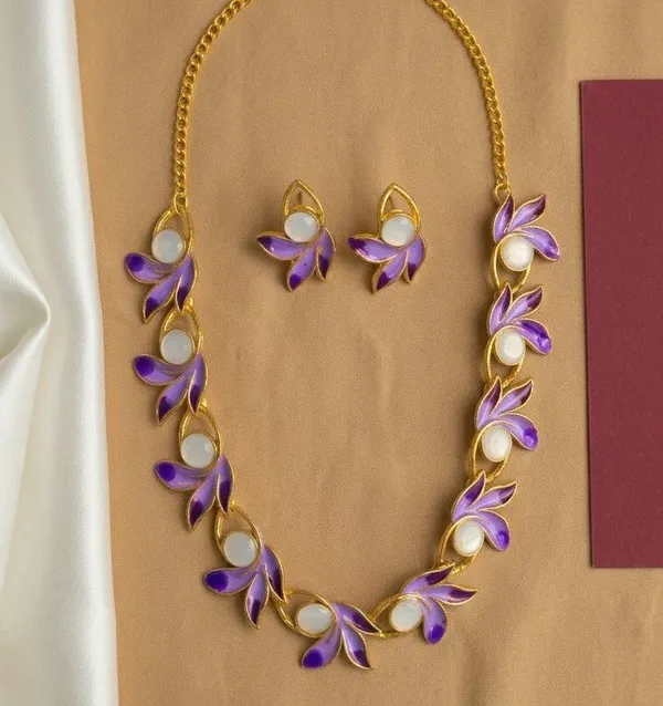 Purple_Gold_Tone_Floral_Necklace_And_Earring_Set_For_Women