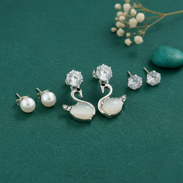 Silver_Tone_Crystal_Swan_Pearl_Drop_Earring_Set_For_Women