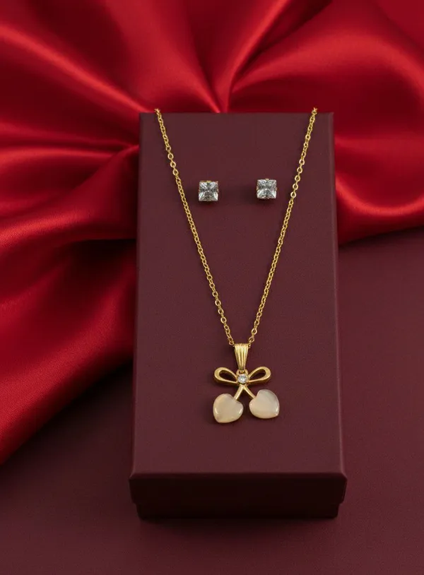 Gold_Tone_Bow_Pendant_Necklace_And_Stud_Earrings_Set_For_Women