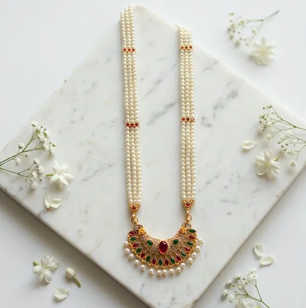 Silver_Tone_Pearl_Strand_Stone_Pendant_Necklace_For_Women