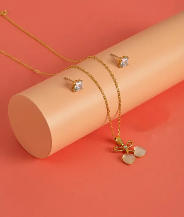 Gold_Tone_Bow_Pendant_Necklace_And_Stud_Earrings_Set_For_Women