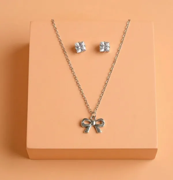 Silver_Tone_Bow_Pendant_Necklace_And_Stud_Earrings_Set_For_Women
