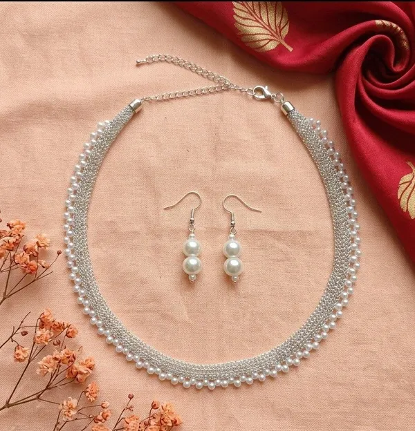 White_Pearl_Beaded_Silver_Tone_Necklace_And_Earrings_Set_For_Women