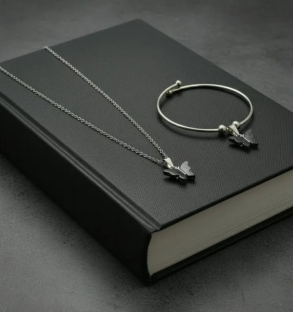 Silver_Tone_Butterfly_Charm_Necklace_And_Bracelet_Set_For_Women