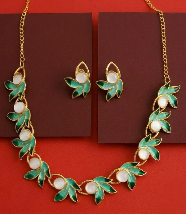 Green_Gold_Tone_Floral_Leaf_Necklace_And_Earrings_Set_For_Women